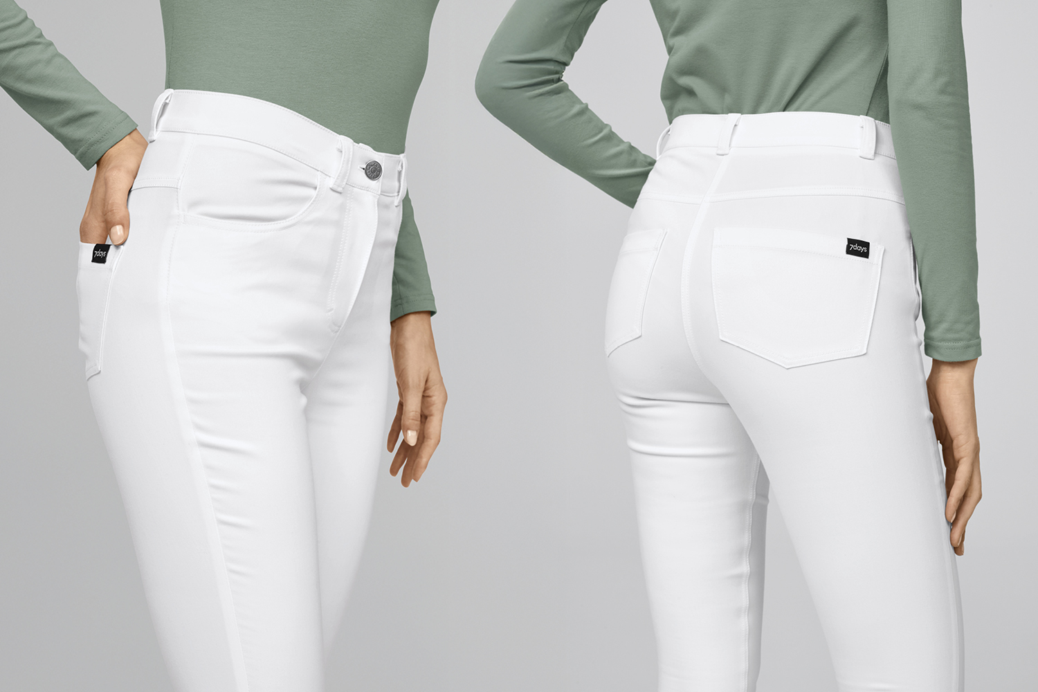Zijaanzicht en achteraanzicht van een witte elastische broek van 7days.
