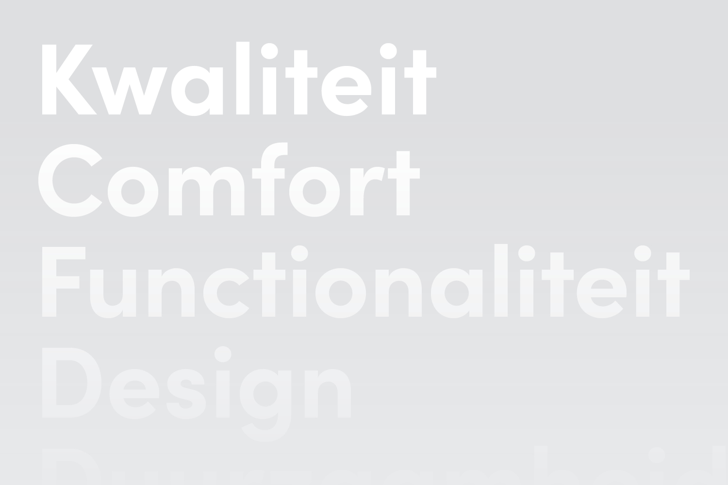 Onder staan verschillende opschriften: kwaliteit, comfort, functionaliteit, design.